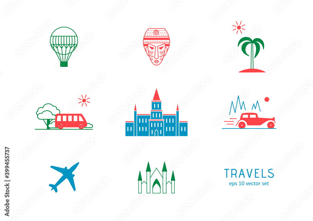 Travels - vector icons set. Symbol for web