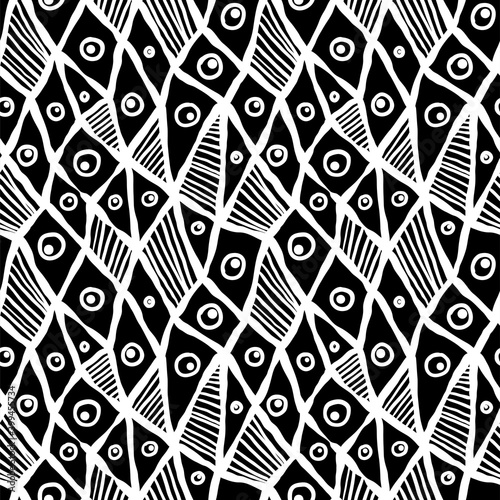 Seamless hand drawn ink pattern. Creative endless background with blots. Abstract striped texture with bold monochrome lines