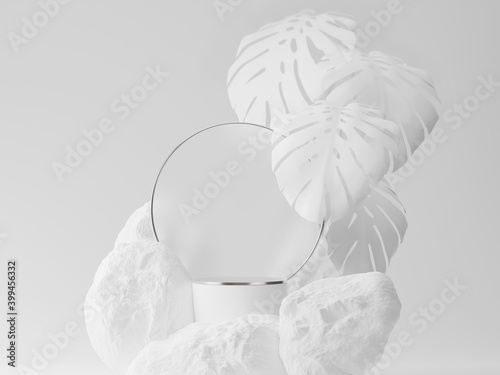 3D white podium display. Monstera palm,stone, rock circle  background. Cosmetics or beauty product promotion mockup. Natural silver grey,  step pedestal. Abstract minimal Copy space banner, 3D render