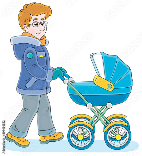 Young dad leisurely walking...