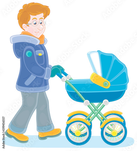 Young dad leisurely walking...