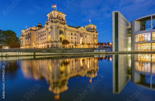 The Reichstag and part of the Paul-Loebe-Haus at the river Spree in Berlin at dawn