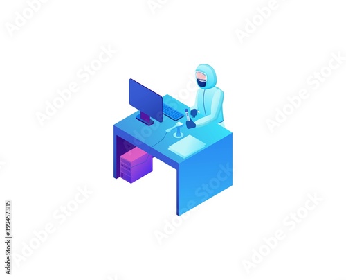 Isometric laboratory with scientist in protective suit doing test of Coronavirus, Covid-19 research, lab equipment, medical exam, diagnostic clinic, doctor in face mask, isometric vector illustration