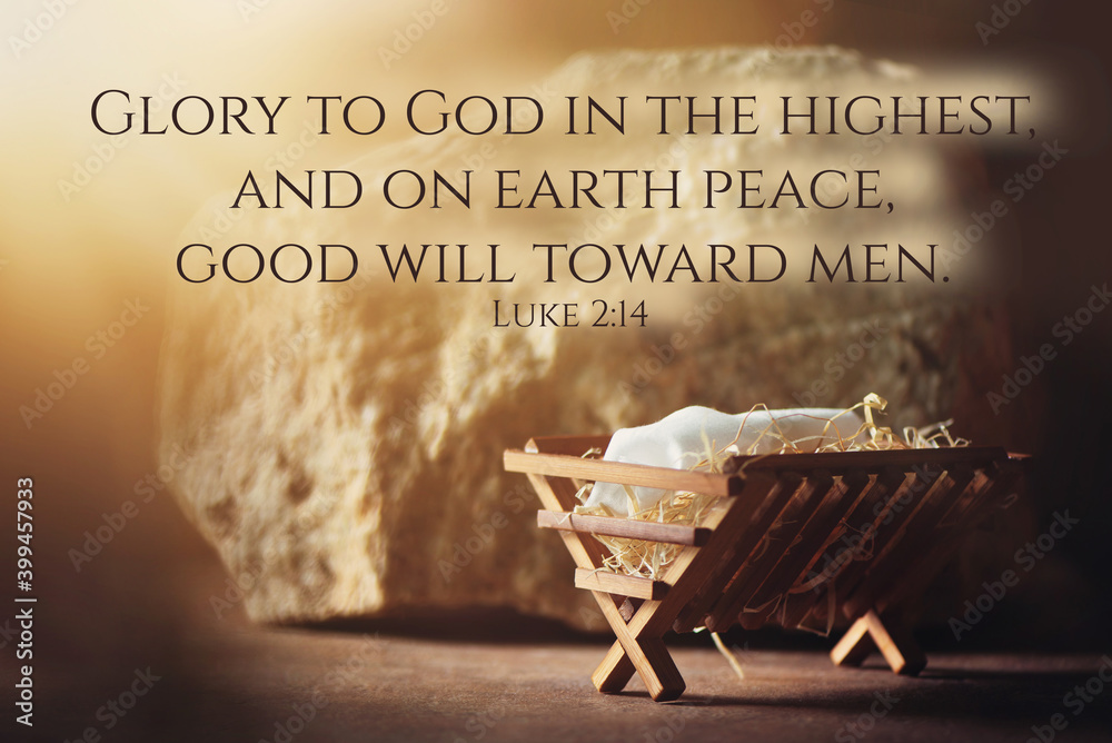 Wooden manger and star of Bethlehem in cave, nativity scene background