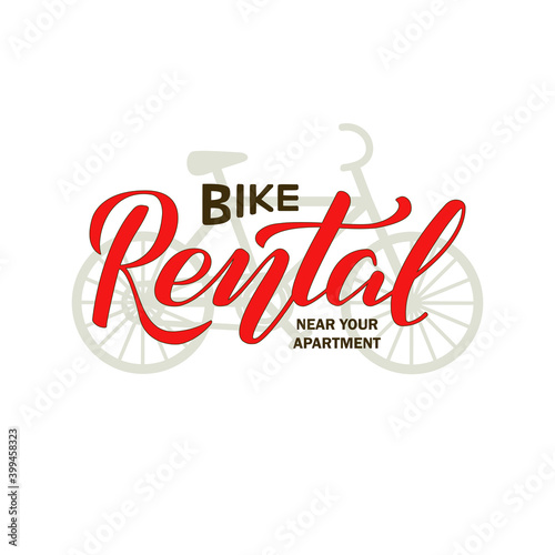 Vector illustration of bike rental brush lettering for banner, leaflet, poster, clothes, logo, advertisement design. Handwritten text for template, signage, billboard, printing, price list, flyer
