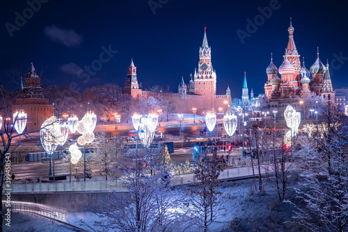 Panorama of Moscow. Winter landscape of capital of Russia. Kremlin on winter night. Basil s Cathedral on background of Christmas city. Sights of Moscow. Kremlin in Russia. Excursions on red square.