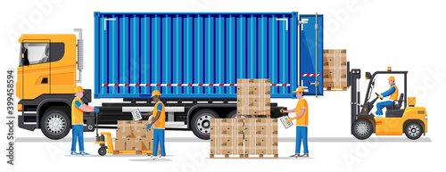 Forklift loading pallet boxes into truck. Warehouseman with checklist. Electric uploader loading cardboard boxes in delivery car. Logistic shipping cargo. Storage equipment. Flat vector illustration