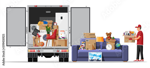 Delivery truck full of home stuff inside. Moving to new house. Family relocated to new home. Boxes with goods. Package transportation. Computer, lamp, clothes, books. Flat vector illustration