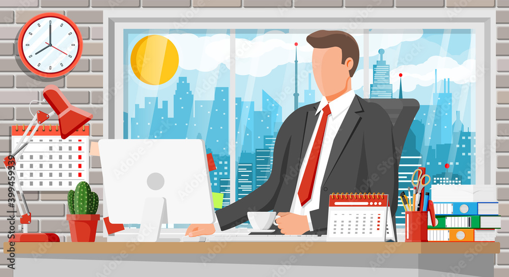 Office building interior. Businessman at desk with computer, chair, lamp, books and document papers. Window with cityscape. Modern business workplace. Cartoon flat vector illustration