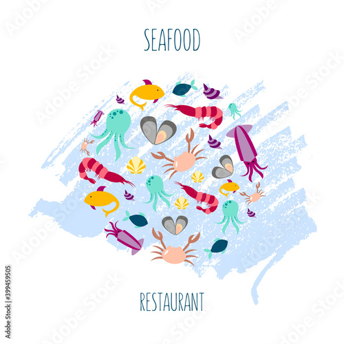 Vector illustration of sea animals for seafood restaurant or café banner, poster, clothes, logo, advertisement design. Pattern for template, signage, billboard, printing, booklet, package, menu design