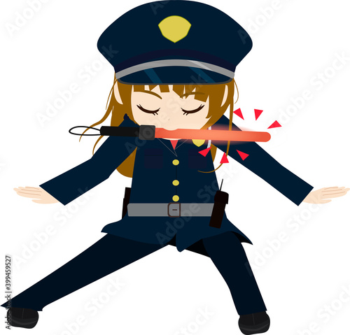 誘導棒を口でくわえる可愛い女の子の警備員のイラスト