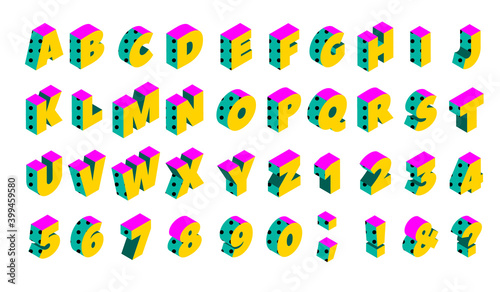 90s isometric memphis dotted alphabet. Vector set of colorful elements