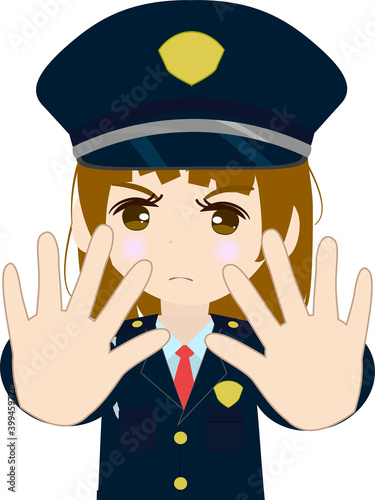 両手でストップのポーズをする可愛い女の子の警備員の上半身のイラスト