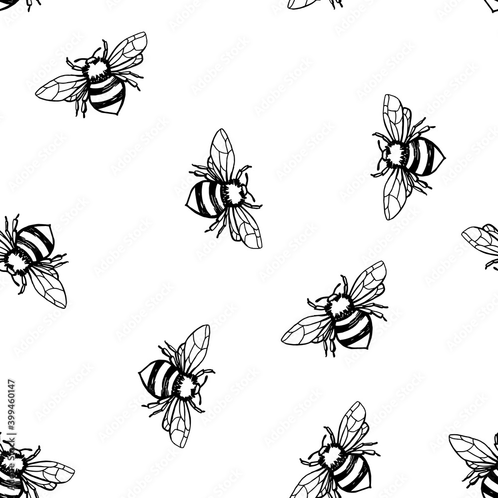 seamless pattern with bees. minimalistic print with bees drawn by lines on a white background. black and white repeating pattern