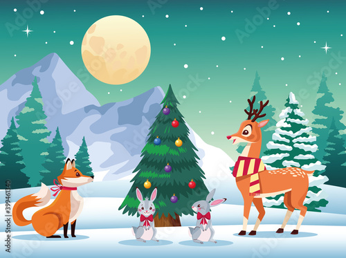 cute animals around of christmas tree in the snowscape