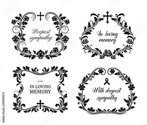 Funeral frames, vector vintage obituary wreath set