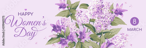 Horizontal 8 March Women's Day greeting card template. Frame with text and flowers - purple Campanula and Lilac on white Background.