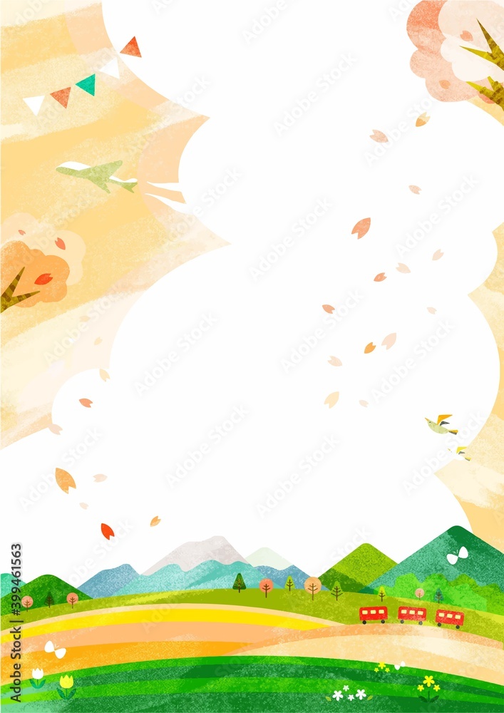 桜色の春のお出かけポスター背景イラスト 満開の桜とお花畑 Stock Vector Adobe Stock