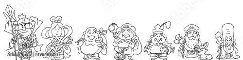 横一列に並んだ七福神のアウトラインイラスト

