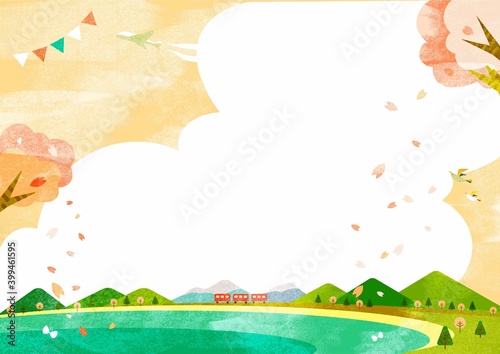 桜色の春のお出かけポスター背景イラスト　満開の桜と海岸線