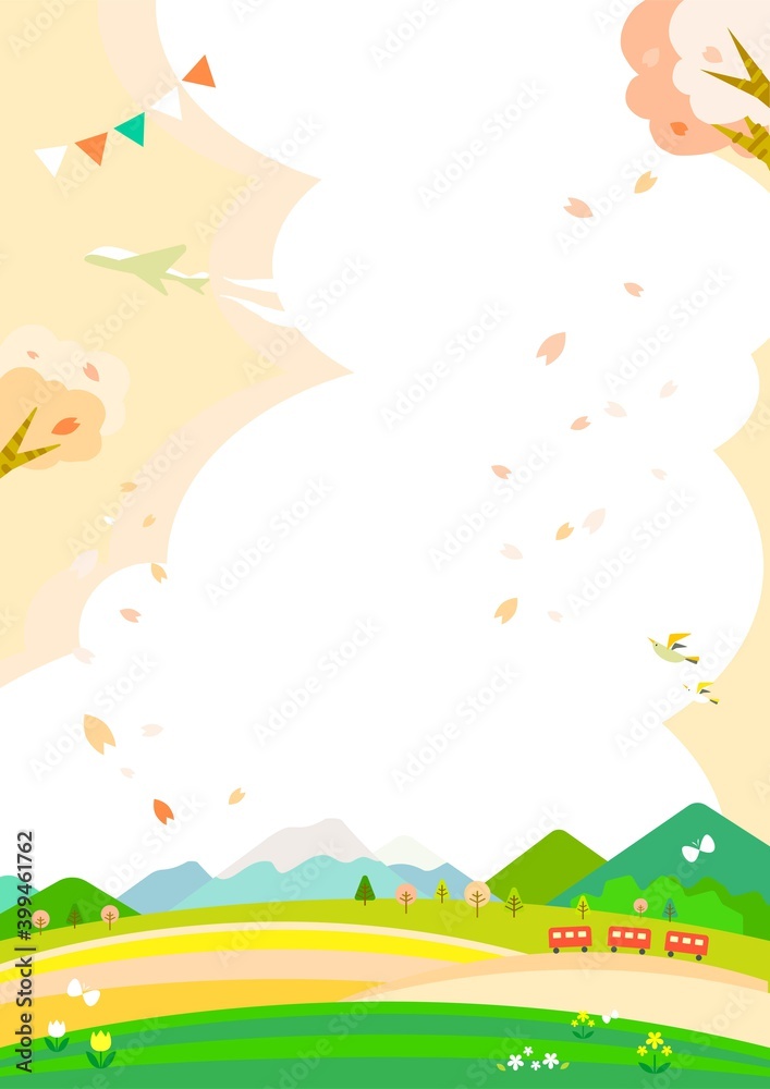 桜色の春のお出かけポスター背景イラスト 満開の桜とお花畑 Stock Illustration Adobe Stock