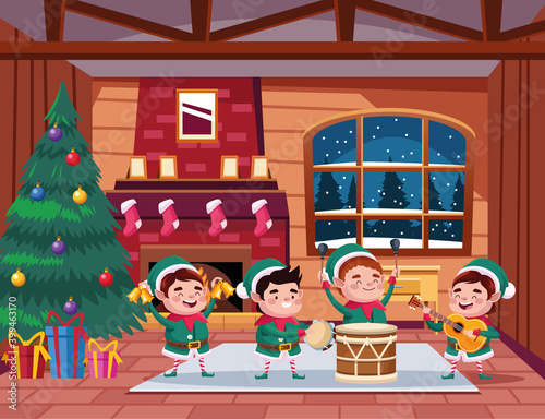 group of santa helpers playing instruments in the house