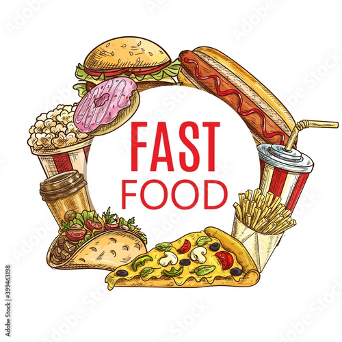 Fast food round sketch banner vector combo meals