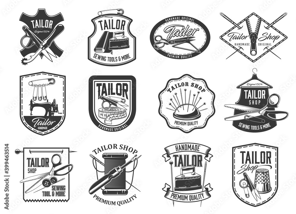 Tailor shop and seamstress service retro icons set