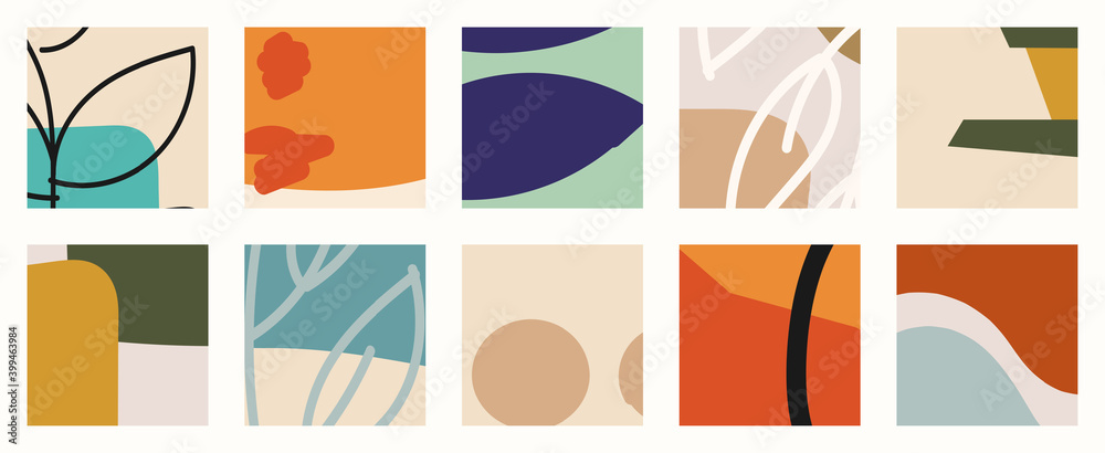Trendy social media set of ten abstract backgrounds with abstract organic shapes composition in contemporary collage minimal style. Trendy social media set of ten abstract backgrounds with abstract organic shapes composition in contemporary collage minimal style.