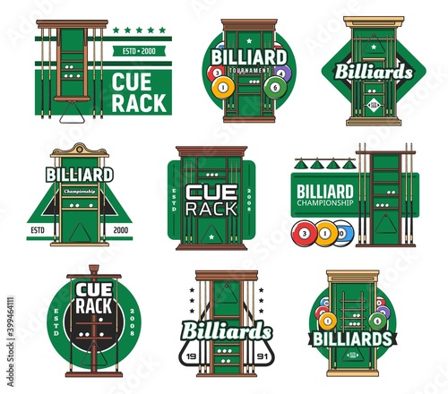 Billiard cue rack icons, pool and snooker sport