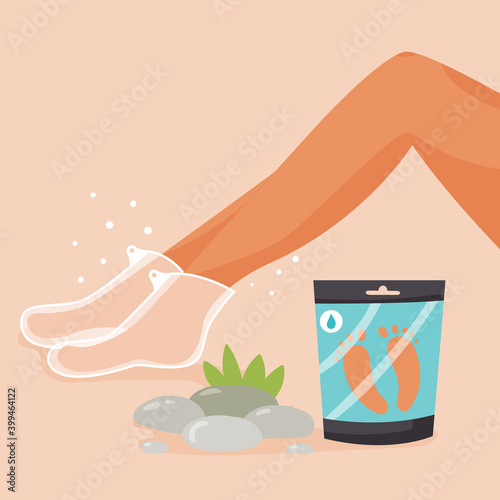 Legs with foot mask. Packaging with cosmetic spa products for women. Modern vector flat illustration