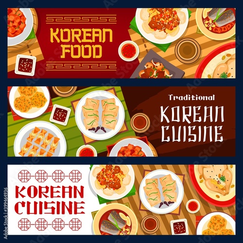 Korean food cuisine, menu dishes and meals banners