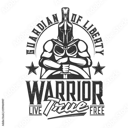 Tshirt print with knight and sword, vector mascot