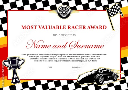 Car racing winner certificate, races diploma award