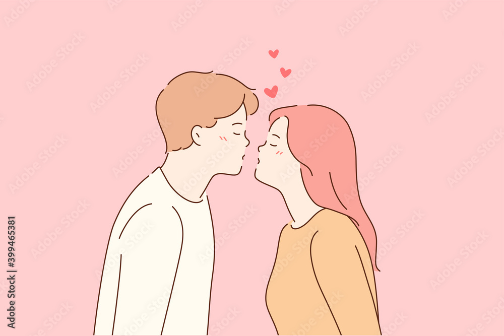 Kiss, love, romantic dating concept. Profile portrait of young
