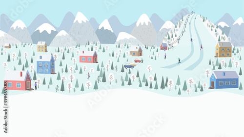 Winter landscape, snow-covered mountain village-houses, cars, Alpine resort, mountain with ski run and lift, skiers and snowboarders. Vector illustration in a flat style with copy space - banner