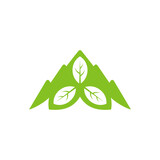 Green mountain with three leaf simple flat logo template