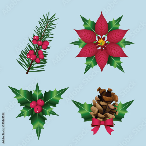 happy merry christmas with floral decorative icons