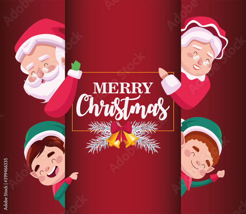 happy merry christmas lettering card with santa family and elfs