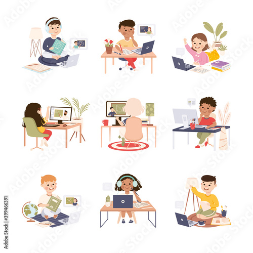 Elementary School Students Studying Online Using Laptop Computers Set, Homeschooling, Distance Learning Concept Cartoon Style Vector Illustration