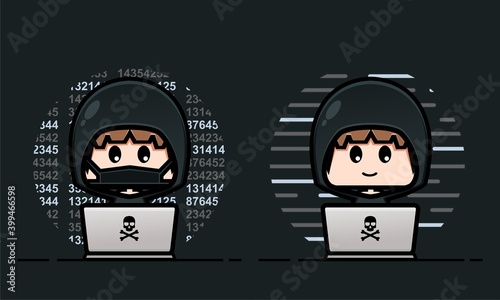 Cute character progammer or hacker. Cute anonymous in front of the laptop. Illustration vector
