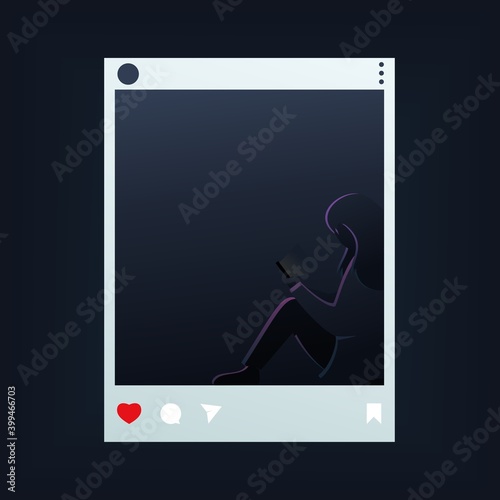 Silhouette of a female character sitting alone playing smartphone. Social media addiction. Social Media Anxiety Disorder. Illustration vector