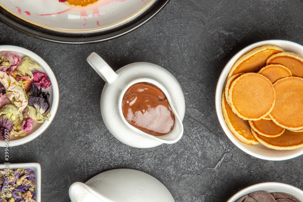 custom made wallpaper toronto digitaltop view yummy pancakes with cup of tea on dark background sweet pie dessert cakes