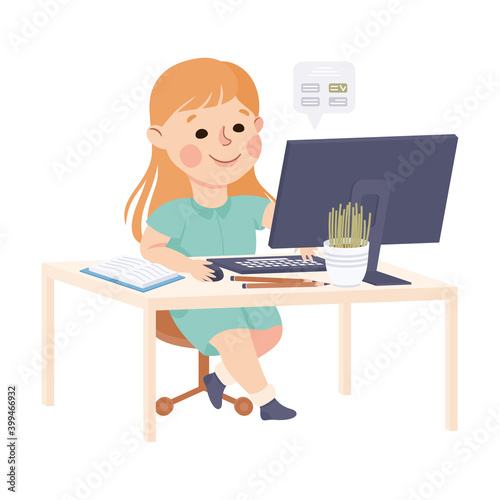 Girl Sitting at her Desk and Studying Online Using Computer, Homeschooling, Distance Learning Concept Cartoon Style Vector Illustration © topvectors