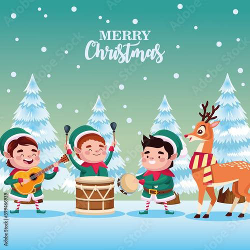group of santa helpers playing instruments and deer characters
