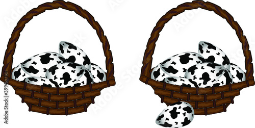 Easter wicker basket with quail eggs on white isolated background