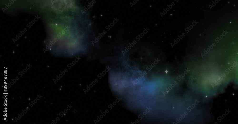 Star field in galaxy space with colorful nebula. Sci fi background of deep space. Ethereal wallpaper.
