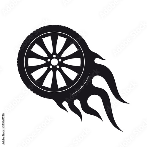 Vector black sticker of burning car wheel. Isolated on white background.