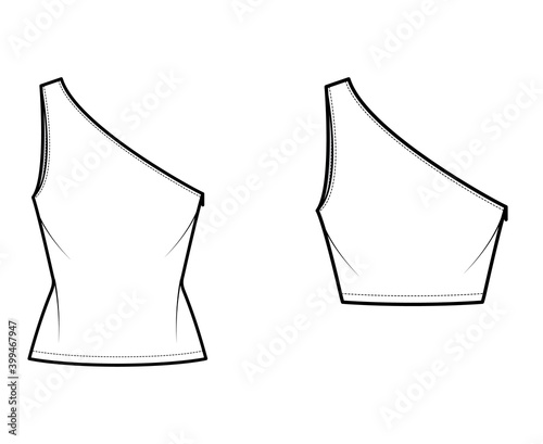 Set of One-shoulder tops tank technical fashion illustration with oversized and fitted body, tunic and waist length hem. Flat shirt apparel template front, white color. Women, men unisex CAD mockup