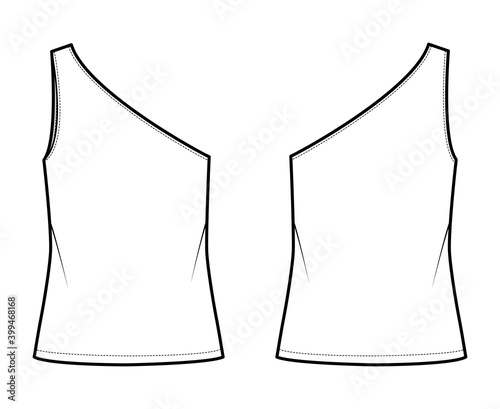 One-shoulder top tank technical fashion illustration with oversized body, tunic length hem. Flat outwear shirt apparel template front, back, white color. Women, men unisex CAD mockup